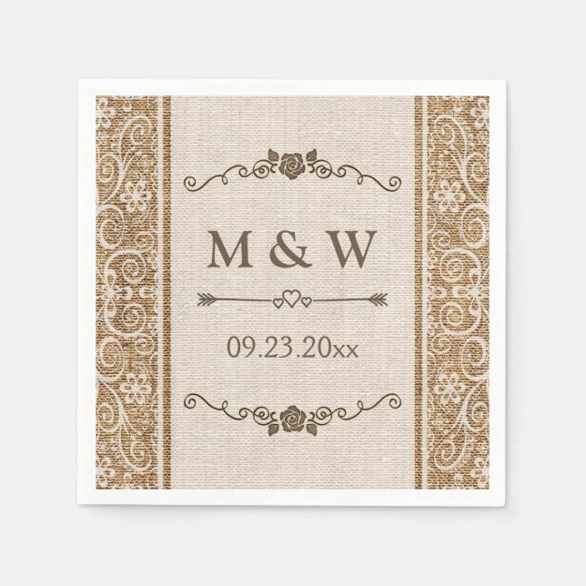 Rustic Burlap Lace Wedding Monogram Napkin (Front)