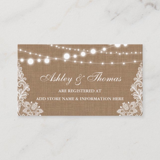 Rustic Burlap Lace Wedding Registry Insert Card (Front)