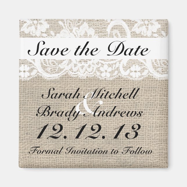 Rustic Burlap Lace White Save the Date Magnet (Front)