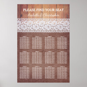 Rustic Burlap Lace & Wood   12 Table Seating Chart