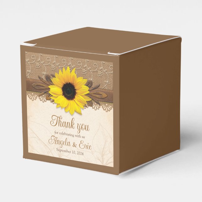 Rustic Burlap Lace Wood Sunflower Wedding Favour Box (Front Side)