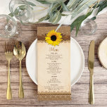 Rustic Burlap Lace Wood Sunflower Wedding Menu<br><div class="desc">Rustic burlap, lace, and wood yellow sunflower wedding menu. This unique rustic sunflower wedding menu design features a bright yellow sunflower, a burlap and lace look background, and a wood and leather look emblem under the sunflower. A pretty design for a summer or fall / autumn wedding. It can work...</div>