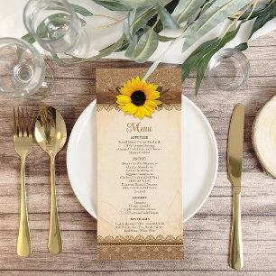 Rustic Burlap Lace Wood Sunflower Wedding Menu