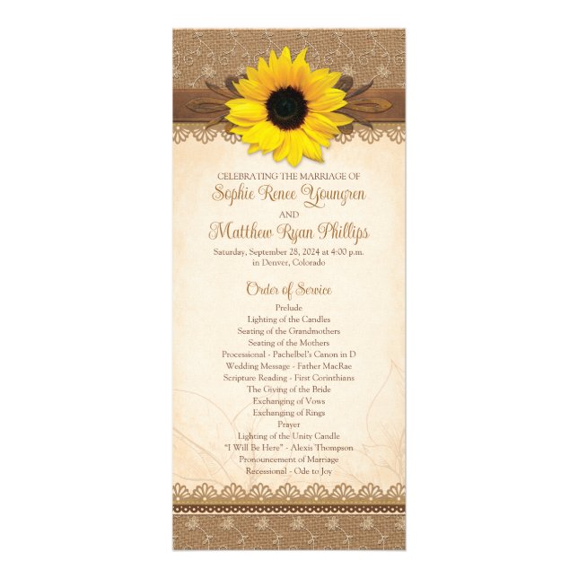 Rustic Burlap Lace Wood Sunflower Wedding Program Rack Card (Front)