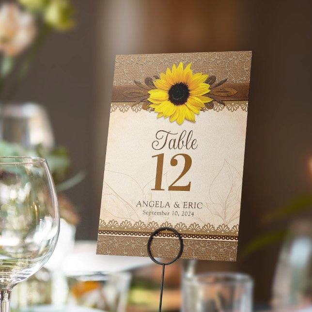 Rustic Burlap Lace Wood Sunflower Wedding Table Number (Rustic sunflower burlap lace wood wedding table card number)