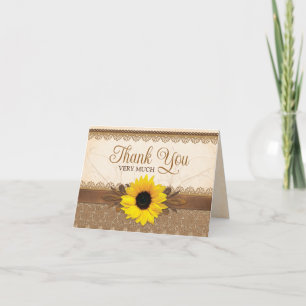 Rustic Burlap Lace Wood Sunflower Wedding Thank You Card