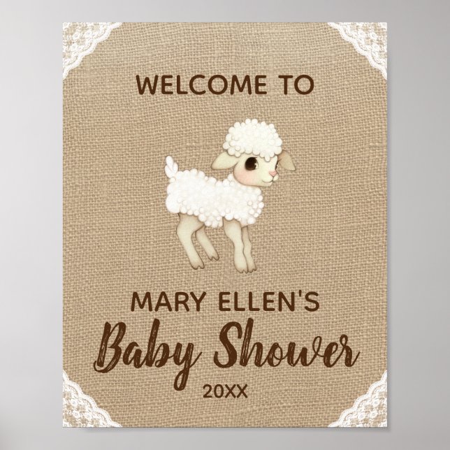 Rustic Burlap Lamb Baby Shower Welcome Poster (Front)