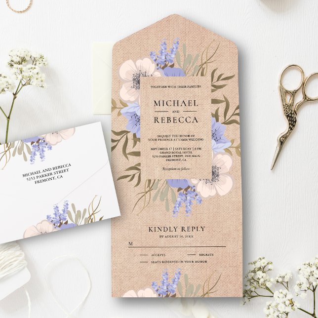 Rustic Burlap Lavender Floral Bouquet Wedding All In One Invitation (Creator Uploaded)
