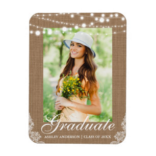 Rustic Burlap Lights Lace Graduation Announcement Magnet