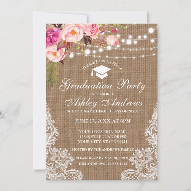 Rustic Burlap Lights Lace Pink Graduation Invite (Front)