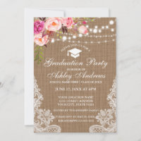 Rustic Burlap Lights Lace Pink Graduation Invite