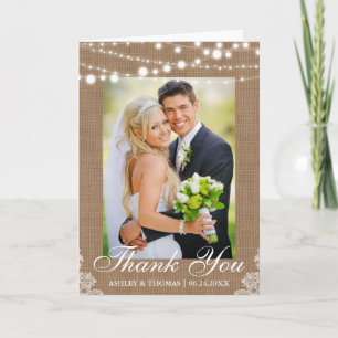 Rustic Burlap Lights Lace Wedding Thank You Fold Card