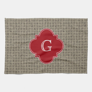 Rustic Burlap Look Cranberry Quatrefoil Monogram Tea Towel