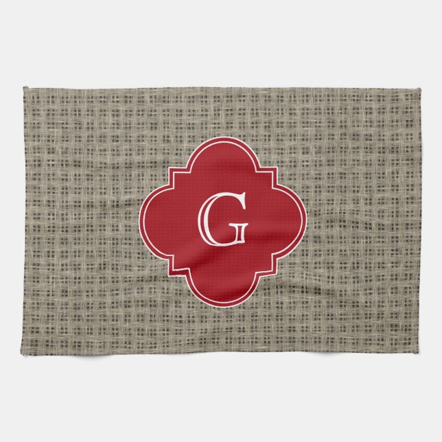 Rustic Burlap Look Cranberry Quatrefoil Monogram Tea Towel (Horizontal)