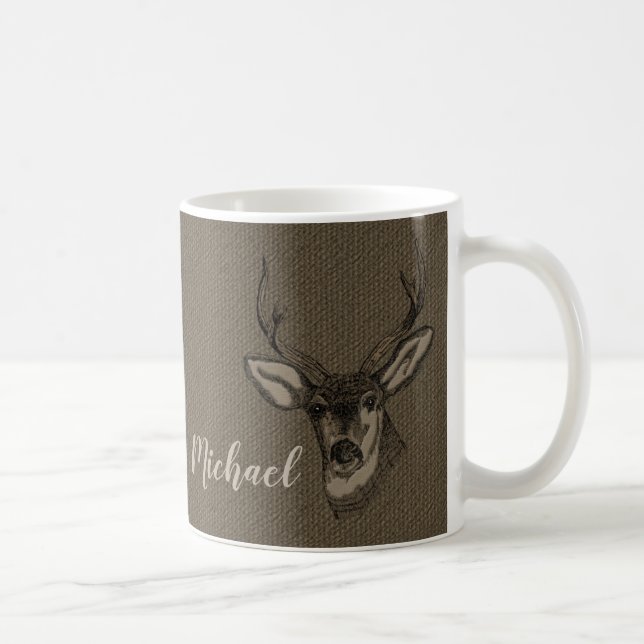 Rustic Burlap Look Deer Head Name | Monogram Coffee Mug (Right)