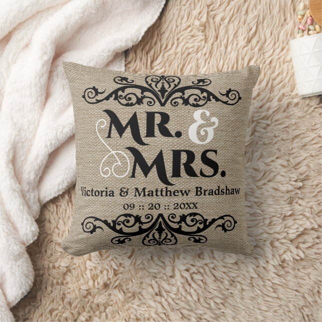 Rustic Burlap Look Mr. and Mrs. Wedding Cushion (Blanket)