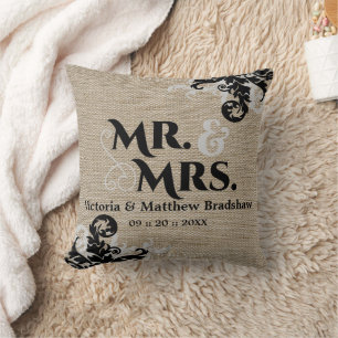 Rustic Burlap Look Mr. and Mrs. Wedding Cushion