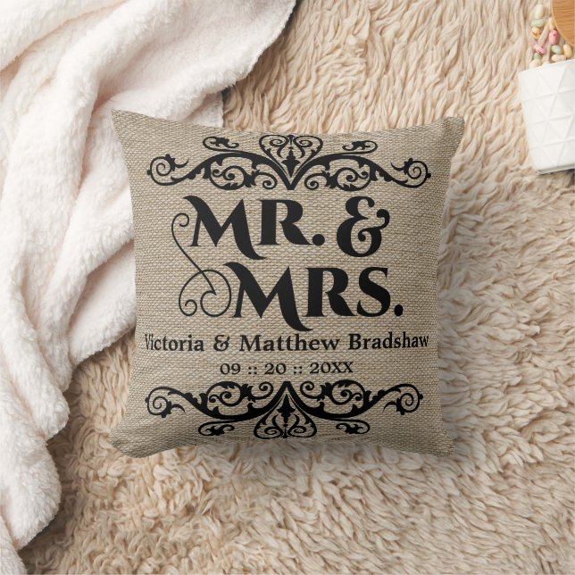 Rustic Burlap Look Mr. and Mrs. Wedding Cushion (Blanket)