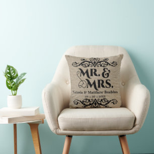 Rustic Burlap Look Mr. and Mrs. Wedding Cushion