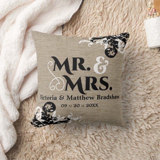 Rustic Burlap Look Mr. and Mrs. Wedding Cushion (Blanket)