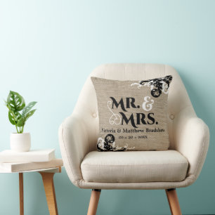 Rustic Burlap Look Mr. and Mrs. Wedding Cushion