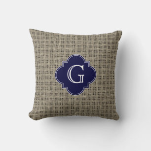 Rustic Burlap Look, Navy Blue Quatrefoil Monogram Cushion