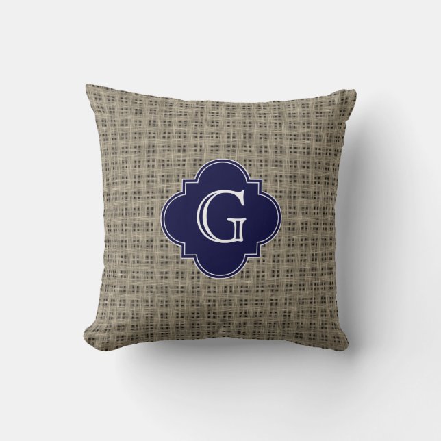 Rustic Burlap Look, Navy Blue Quatrefoil Monogram Cushion (Front)