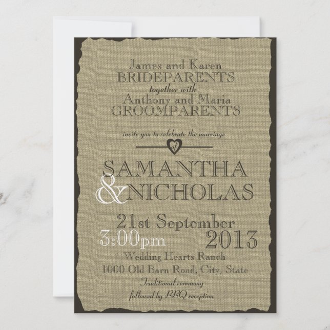 Rustic Burlap Look Wedding Invitation (Front)