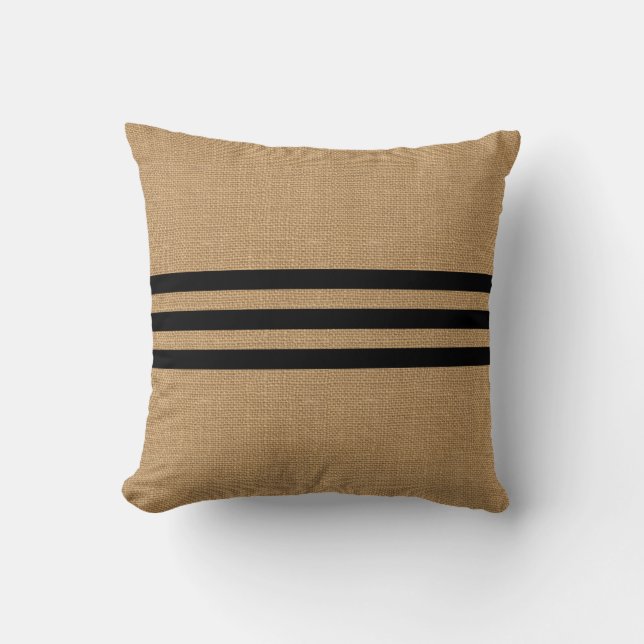 Rustic Burlap Look with Classic Black Stripes Cushion (Front)