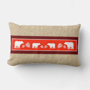 Rustic burlap maroon red bear pinecone pillow