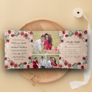 Rustic Burlap Marsala Floral Photo Collage Wedding Tri-Fold Invitation