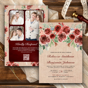 Rustic Burlap Marsala Floral Photo QR Code Wedding Invitation