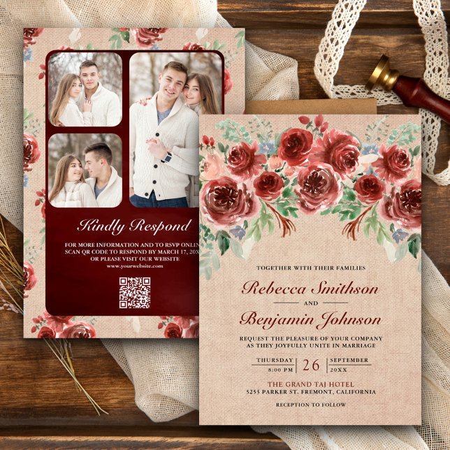 Rustic Burlap Marsala Floral Photo QR Code Wedding Invitation (Creator Uploaded)
