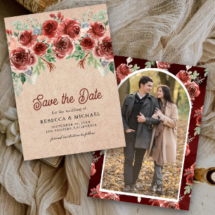 Rustic Burlap Marsala Floral Photo Wedding Save The Date
