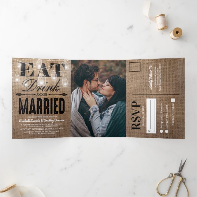 Rustic Burlap Mason Jar All in One Wedding Tri-Fold Invitation (Inside)