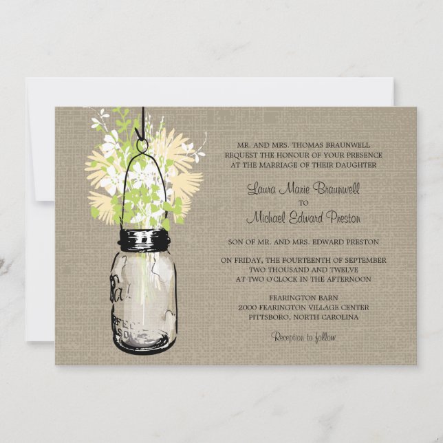 Rustic Burlap Mason Jar and Wildflowers Wedding Invitation (Front)