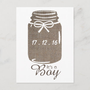 Rustic Burlap Mason Jar Baby Boy Announcement Postcard
