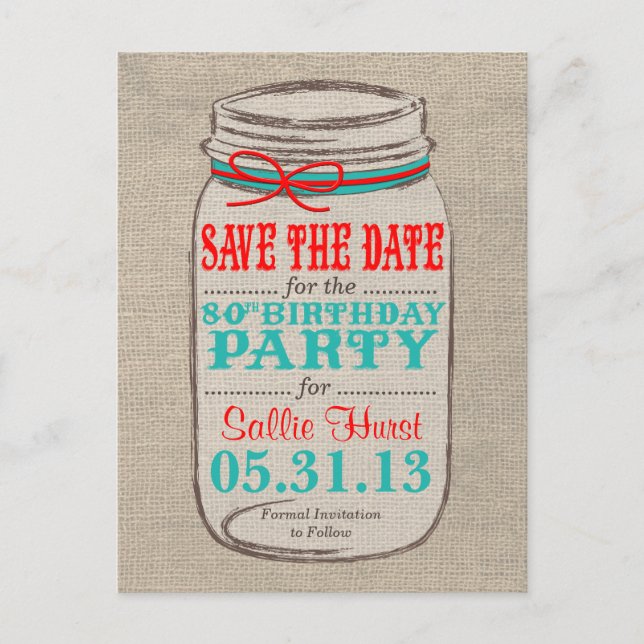 Rustic Burlap & Mason Jar Birthday Invite - Coral (Front)