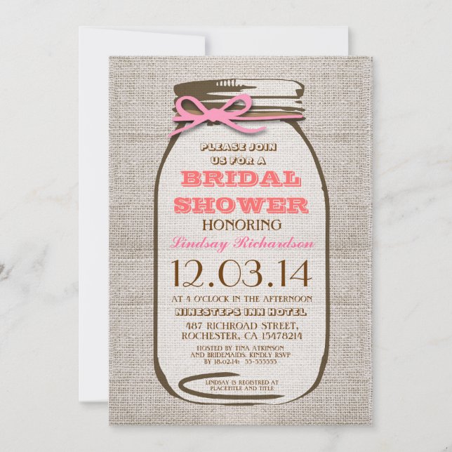 Rustic Burlap Mason Jar Bridal Shower Invitation (Front)