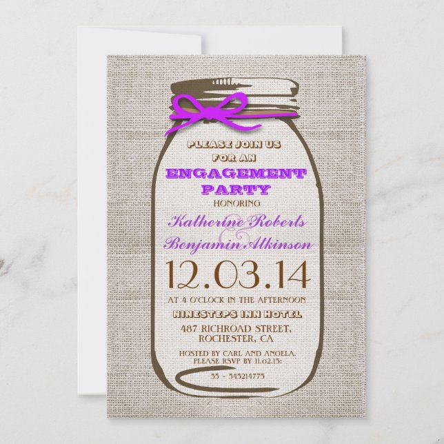 Rustic Burlap Mason Jar Engagement Party Invitation (Front)