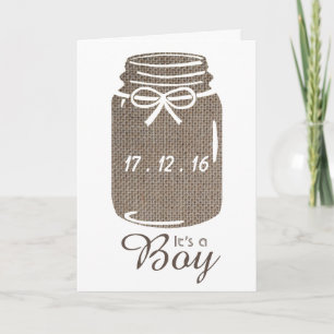 Rustic Burlap Mason Jar New Baby Boy Announcement