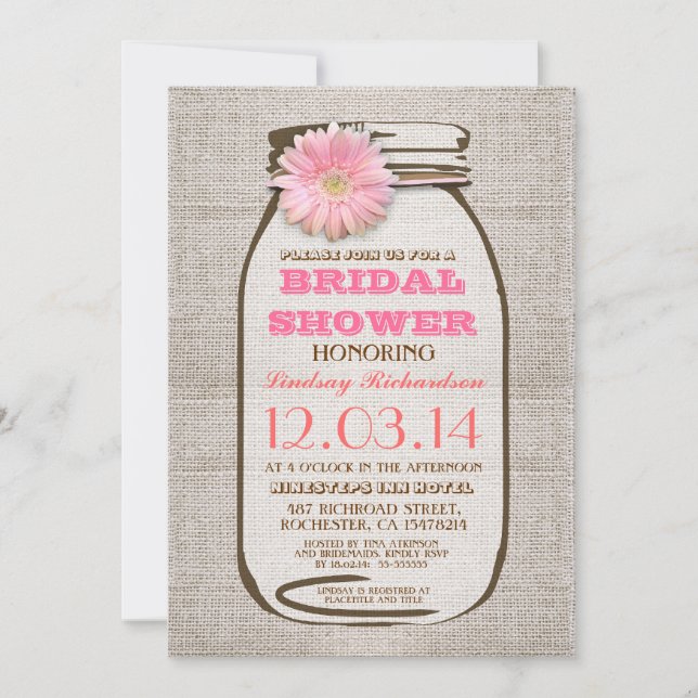Rustic Burlap Mason Jar Pink Gerbera Bridal Shower Invitation (Front)