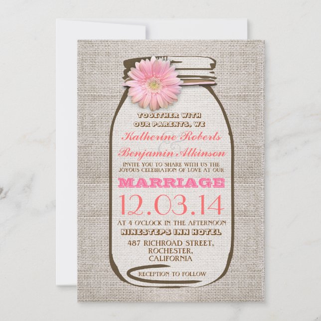 Rustic burlap mason jar pink gerbera wedding invitation (Front)