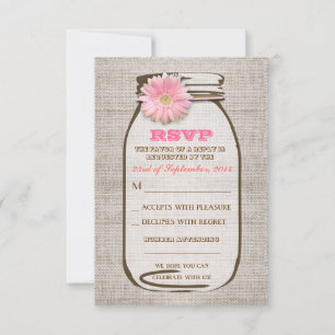 Rustic Burlap Mason Jar Pink Gerbera Wedding RSVP Card