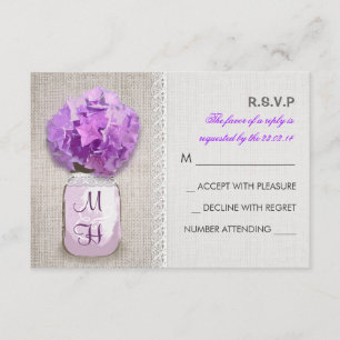 Rustic Burlap Mason Jar Pink Hydrangea RSVP Card