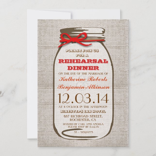 Rustic Burlap Mason Jar Rehearsal Dinner Invitation (Front)