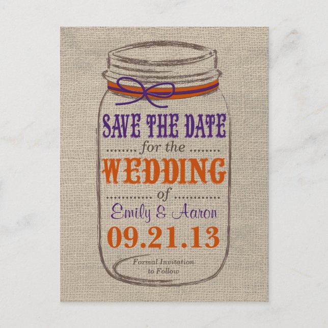 Rustic Burlap & Mason Jar Save the Date Postcard (Front)