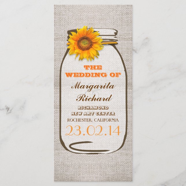 Rustic burlap mason jar sunflower wedding programs (Front)
