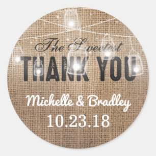 Rustic Burlap Mason Jar Thank You Classic Round Sticker