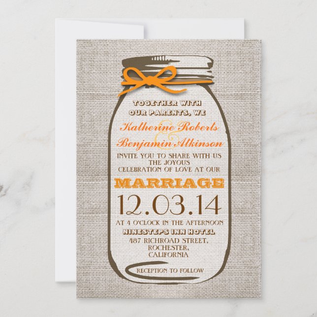 Rustic Burlap Mason Jar Wedding Invitation (Front)